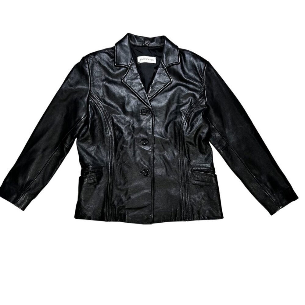 Vintage Jones New York Large Women Genuine Leather Coat Black Streetwear